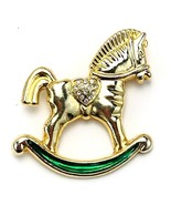 Gold Tone Green Enamel Rhinestone Heart Saddle Rocking Horse Pony Brooch... - £9.36 GBP