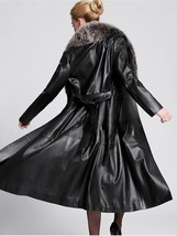 Vtg 60s Golet Original Long Trench Leather Coat Silver Fox Fur Collar Duster Mod - £123.33 GBP