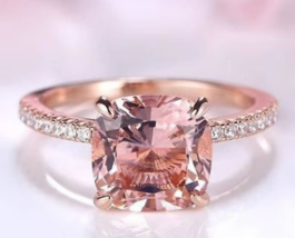 Pink Peach Sapphire Engagement 14K Rose Gold Cushion 3.17ct sapphire Ring - £1,129.19 GBP