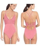 ROBIN PICCONE pink lace up back v neck one piece swimsuit women&#39;s size 14 - $78.27 CAD