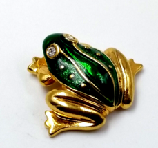 Green Frog Clear Rhinestone Eyes Gold Tone Enamel Pin Tie Tack Animal Jewelry - £9.76 GBP