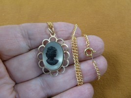 (C-1524) vintage Woman Lady cameo black + moonstone glass brass pendant necklace - $43.00