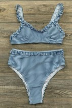 BeachSissi 2-Piece Bikini Bathing Suit Large Blue/White High Waist Stripe Ruffle - £13.26 GBP