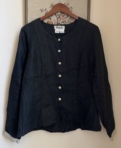 Flax Jacket SMALL S Black Linen Button Up Pockets Long Sleeve Lagenlook texture - £27.28 GBP