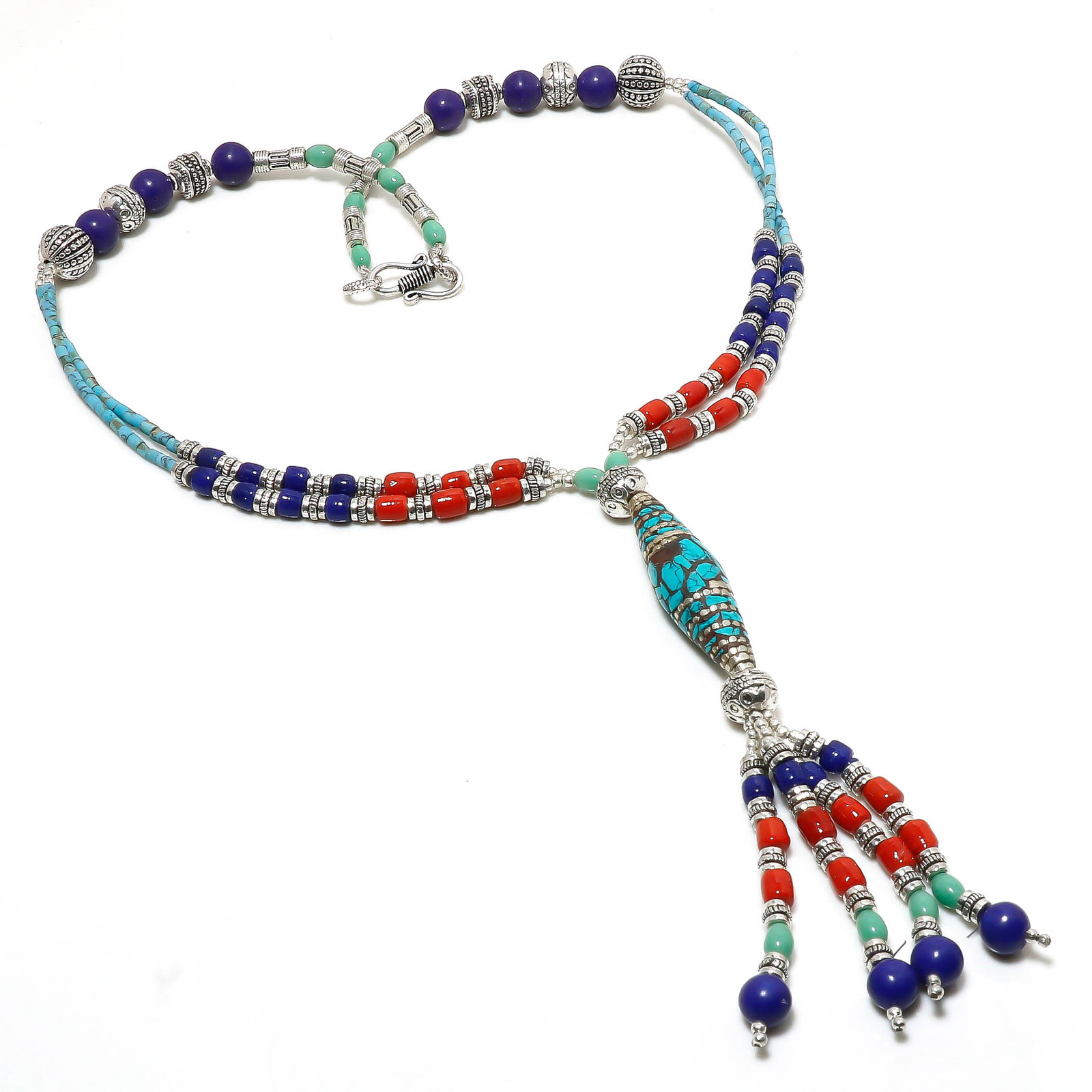 Tibetan Turquoise Coral Lapis Lazuli Handmade Beaded Necklace Nepali 18" SA 520 - $19.49