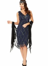 GatsbyLady Liz 20s Inspired Art Deco Navy Blue Flapper Dress Sequin Bead... - $133.88 CAD
