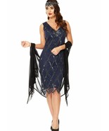 GatsbyLady Liz 20s Inspired Art Deco Navy Blue Flapper Dress Sequin Bead... - €84,95 EUR