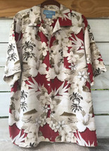 BERMUDA BAY Men&#39;s Hawaiian Shirt L Red Beige Btn Dwn Hibiscus Palms Boat... - £17.03 GBP