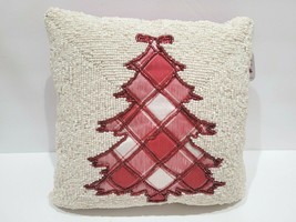 CHRISTMAS Tree Red Plaid Beaded Throw Pillow Home Decor 12&quot; x 12&quot; - £27.68 GBP