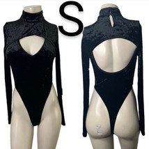 Black Velvet Mock Cut Out Long Sleeve Thong Bodysuit~ Size S - £22.42 GBP