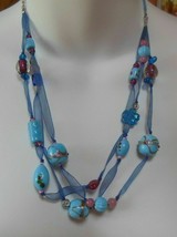 Vintage Multi-Color 3-Strand Art Glass Bead Necklace W/Blue Ribbon - £20.08 GBP