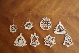 Vtg Lot 8x Laser Cut Wood Christmas Ornaments Winter Scenes Deer Church ... - $9.50