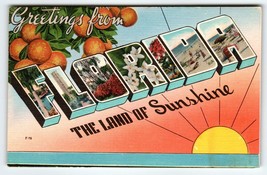 Greetings From Florida Land of Sunshine Large Letter Linen Postcard Unposted - $19.80