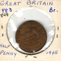 Great Britain 1/2 Penny, 1945, Bronze, KM83 - £0.79 GBP