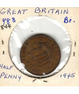 Great Britain 1/2 Penny, 1945, Bronze, KM83 - $18.53 MXN