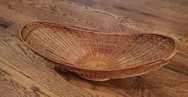 Vtg MCM Oblong Boat Shape Curved Woven Wicker Bread Basket Brown Wicker. 20 in - £29.77 GBP