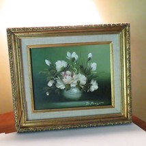 Vintage MCM  Oil Painting Still Life White Pink Blush Roses Blue Vase Signed - £67.26 GBP