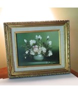 Vintage MCM  Oil Painting Still Life White Pink Blush Roses Blue Vase Si... - £66.21 GBP