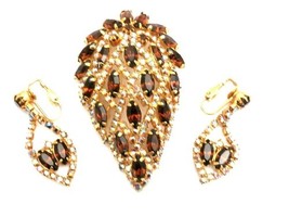 Vintage RETRO  Brooch Unsigned Designer Plus Earrings Amber Teardrop Brooch - $41.96