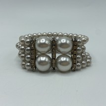 faux pearl 4 strand bracelet w/ Rhinestone Stretch Silver Tone #b7 - £5.23 GBP