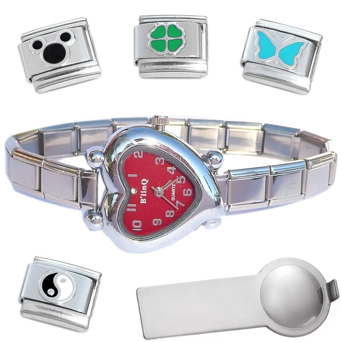 Maroon Heart Italian Charm Watch Bracelet Plus Charm Tool &amp; Enamel Charms - $18.69