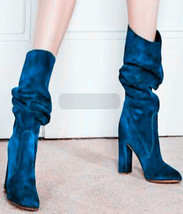 Slouchy Knee High Boots Round Toe Square Heel Blue Suede Women Dress Boots Slip  - £152.22 GBP