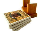4 Pack Welcome Ceramic Coasters Cork Back Solid Wood Stand Holder - £3.15 GBP