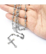 METAL ROSARY 26&quot; Necklace 6&quot; Drop 6mm Silver Tone Prayer Beads Catholic ... - $72.45 MXN