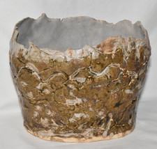 Vtg Ceramic Jardiniere Brown Handcrafted Wabi Sabi Planter Pot Highly Textured - £53.89 GBP
