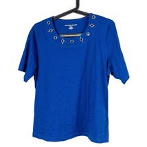 Allison Daley Shirt PL Womens Petite L Blue Short Sleeve Rivets Cotton B... - $17.68