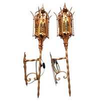Pair Gothic Italian Sconces - Gold - Vintage - Amber Glass - by Florentia - $537.63