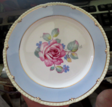 PARAGON Pink Cabbage Rose 8 1/4&quot; Salad Plate Blue Cream Gold Border Queen Mary - £184.58 GBP
