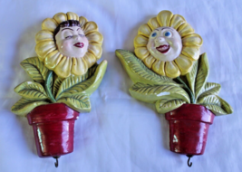 Vintage 60’s 2 Chalkware Smiling Face Daisy Flowers In Pots Wall Hanging W/ Hook - £29.56 GBP