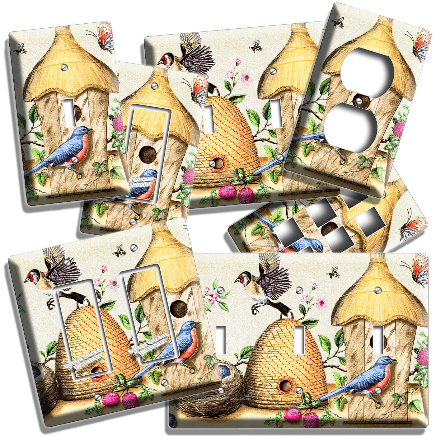 COUNTRY BIRD HOUSE NEST BEES FLOWERS LIGHT SWITCH PLATE OUTLET FOLK ART HD DECOR - £13.66 GBP - £22.77 GBP