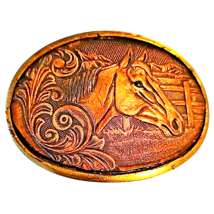 Horse Head Leather and Brass Belt Buckle Vintage Country Western Tooled USA - £32.15 GBP