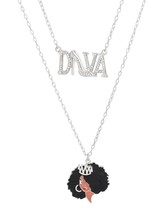 2 Pcs Clear Rhinestone DIVA High Heel Afro Woman Pendant Silver Chain Necklaces - £30.54 GBP