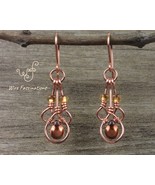 Handmade copper earrings: teardrop dangles with amber and copper glass b... - $522.36 MXN