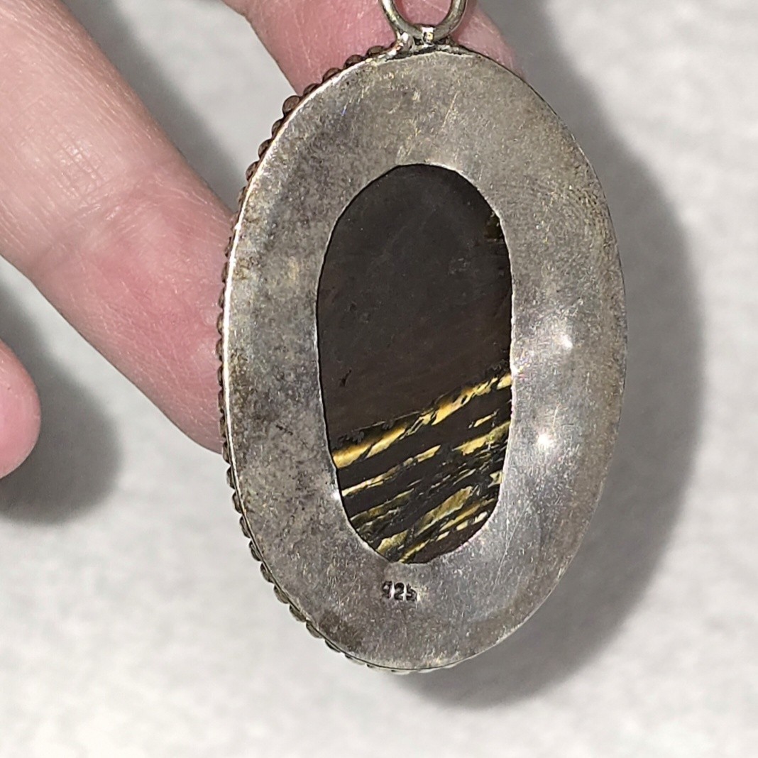 VTG Sterling Silver 925 Tiger Iron Pendant Oval Cabochon Beaded Setting 26g Item image 11