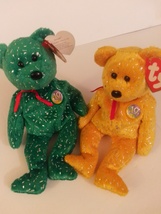 TY Beanie Baby Decade the Bear Set of Gold And Green 8&quot; Tall Retired Mint W Tags - £23.58 GBP