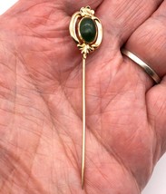 14K Gold Stick Pin Flower Design with Oval Jade Cabochon - £106.31 GBP