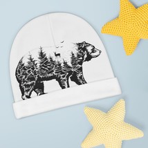 Baby beanie hat with forest bear illustration black and white for infants thumb200