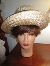 Vintage Toby Of London Beige &amp; Black Ladies Straw Hat w/Brim - 21-3/8&quot; Around - £19.65 GBP