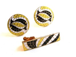 Vintage Swank Dolphin Mosaic Cufflinks &amp; Matching Tie Clasp - $34.64