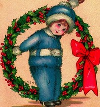 Christmas Greetings Wreath Adorable Child Blue Snowsuit 1924 Vtg Postcard - £6.27 GBP