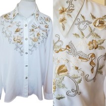 Vintage Ivory Long Sleeve Button Up Blouse Sheer Floral Embroidered Cher... - £30.27 GBP