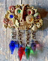 Vintage Glass Beads Dangle Basket Floral Brooch Art Deco Dimensional Multicolor - £98.45 GBP