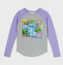 NEW Girls Disney Stitch Graphic Shirt gray &amp; purple long sleeve tee sz X... - £3.94 GBP