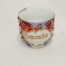 Remember Me Small Tea Cup Germany Blue White Gold Glitter Leaves 1 3/4&quot; Vintage - £13.22 GBP