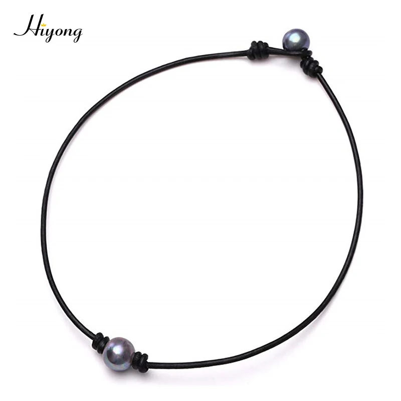 HIYONG Single One Black Cultured Pearl Choker Necklace on Genuine Leathe... - $14.89