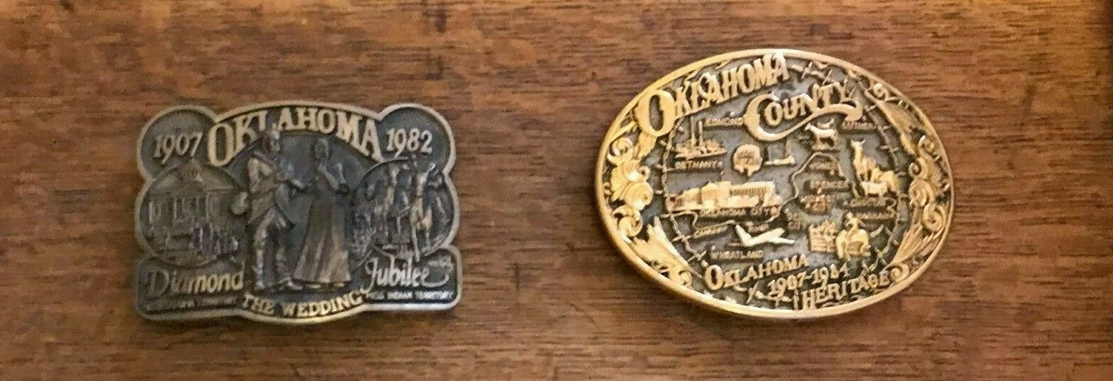 Primary image for VTG OKLAHOMA STATE COUNTY BRASS BELT BUCKLES LEATHER SHOPPE WEDDING NUMBERED L/E